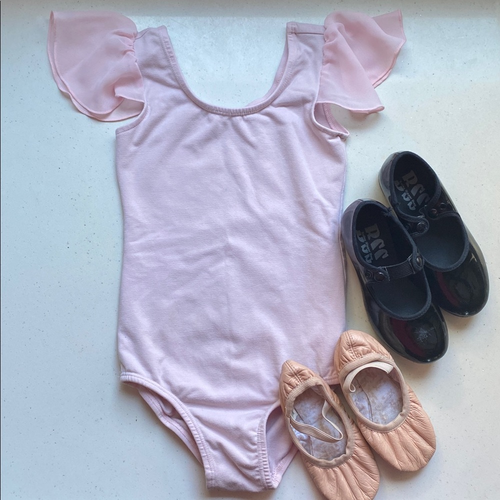 Stelle Girls 3T-4T Pink Leotard Ruffle Sleeves Bloch Ballet So Danca Tap Shoes